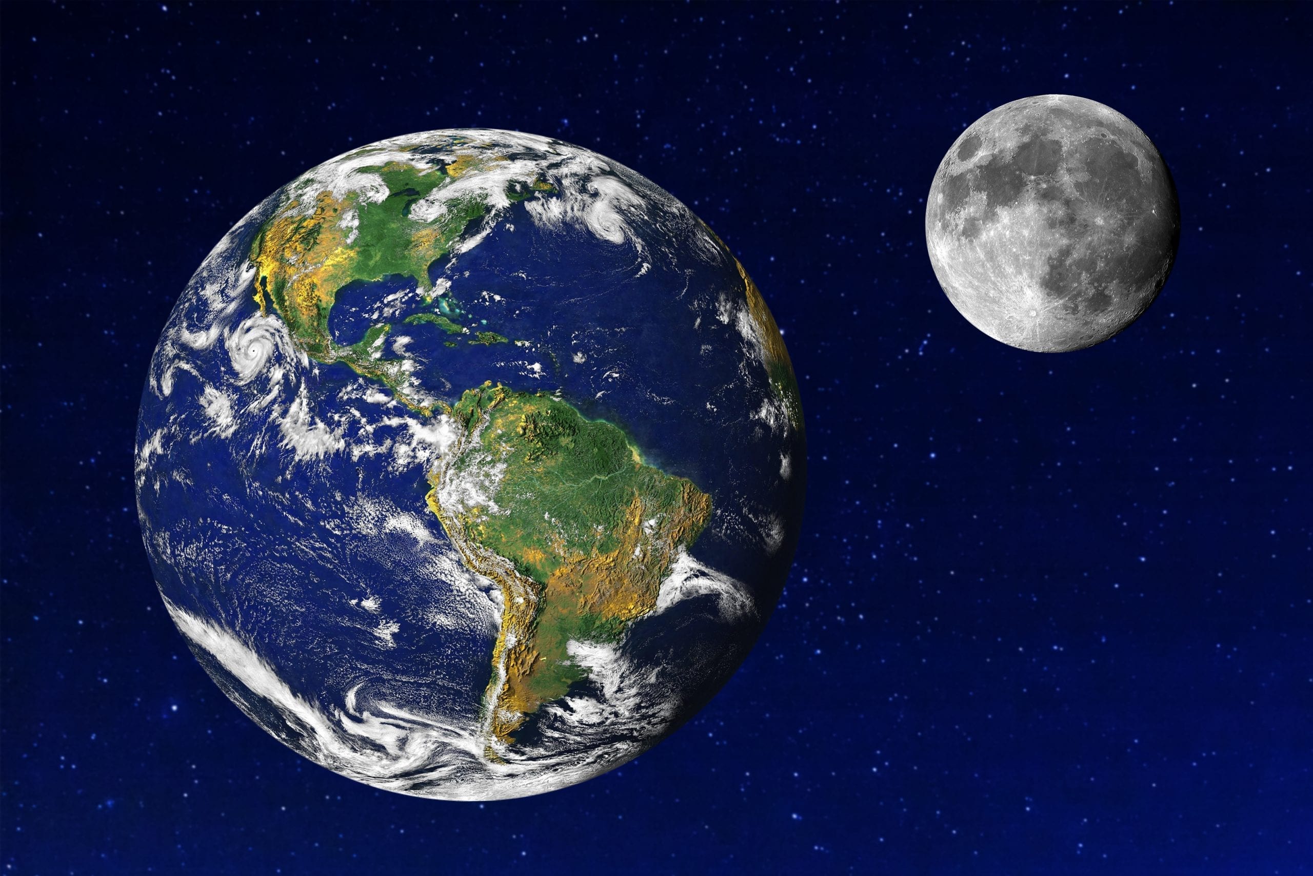Earth and Moon in the universe. Earth and Moon images provided by NASA